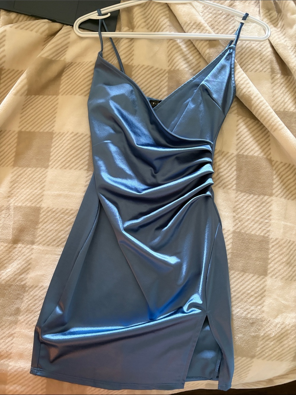 Blue Satin Mini Slip Dress with Side Draping